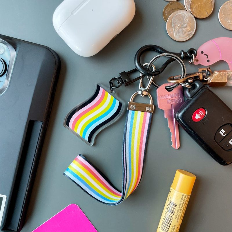 Queer Pride Flag Lanyard Wristlet Keychain On Keys