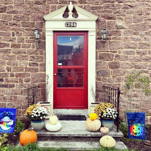 Rainbow Pumpkin Garden Flag door