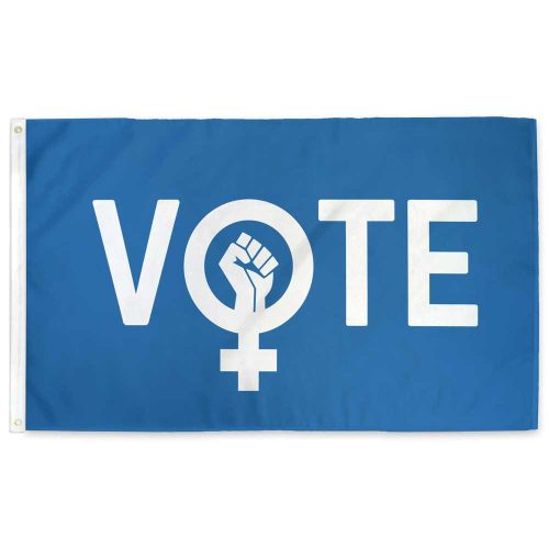 A blue flag with the word VOTE but the “O” is the symbol for females with a raised fist inside of it. 