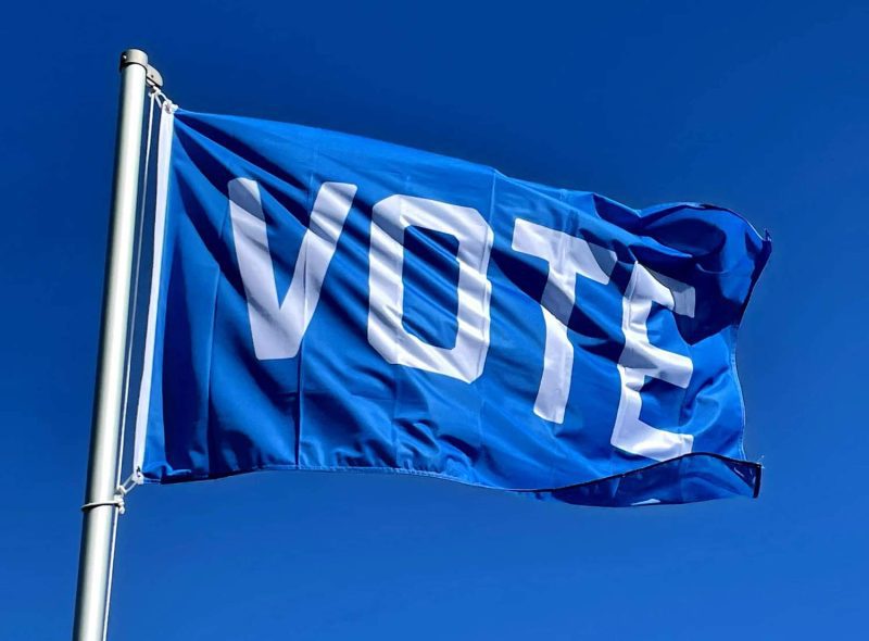 blue vote flag on a flagpole