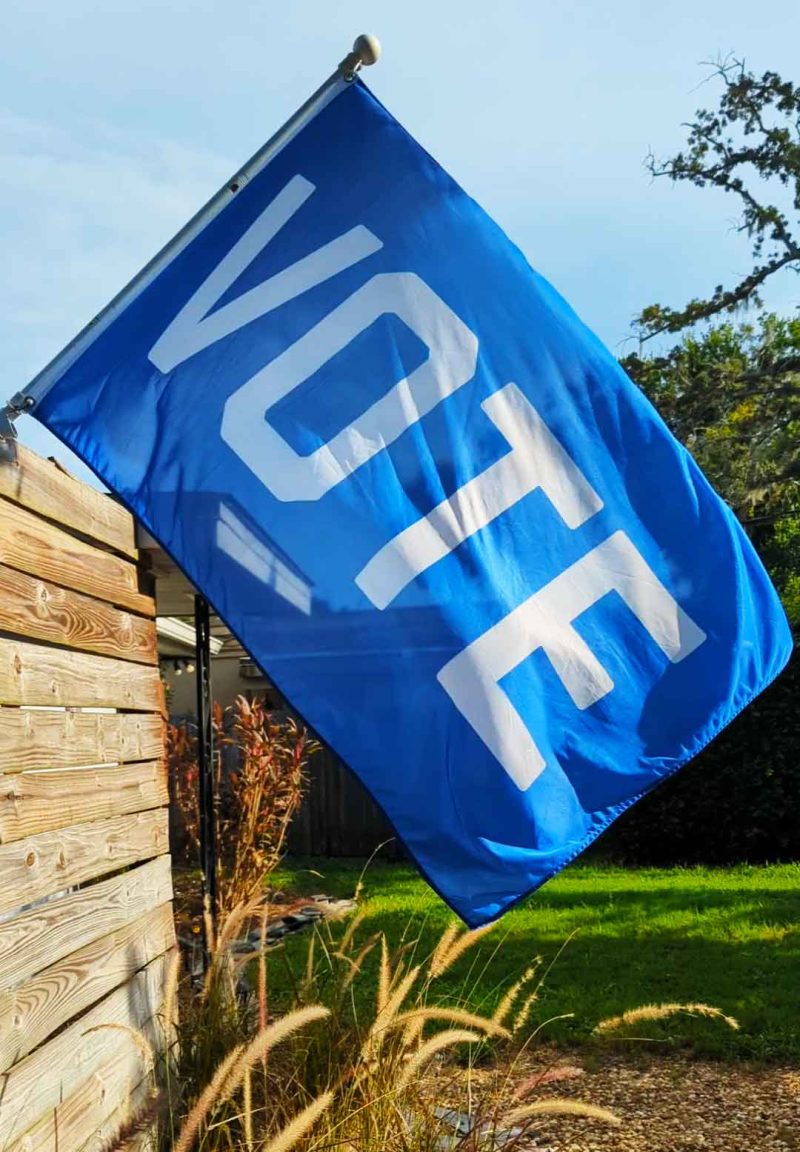 blue vote flag on a flagpole fence