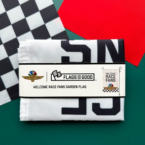 welcome race fans indianapolis motor speedway IMS logo vertical garden flag white folded