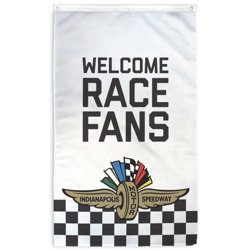 welcome race fans vertical indianapolis motor speedway IMS logo flag white rotated