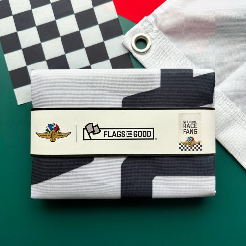 welcome race fans vertical indianapolis motor speedway IMS logo flag white folded